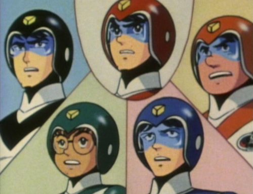 The original Voltron Force pilots from Voltron: Sven (in black), Keith (in red), Hunk (in yellow/orange), Lance (in blue), Pidge (in green)
