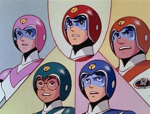The Voltron Force pilots from Voltron: Princess Allura (in pink), Keith (in red), Hunk (in yellow/orange), Lance (in blue), Pidge (in green)